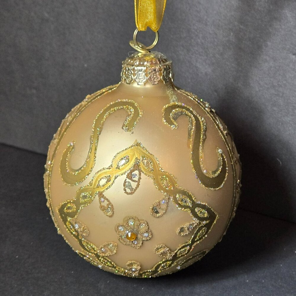 Frontgate Gold Glass Ornament Hand Decorated Swirls Gemstones Glitter 4 Inch